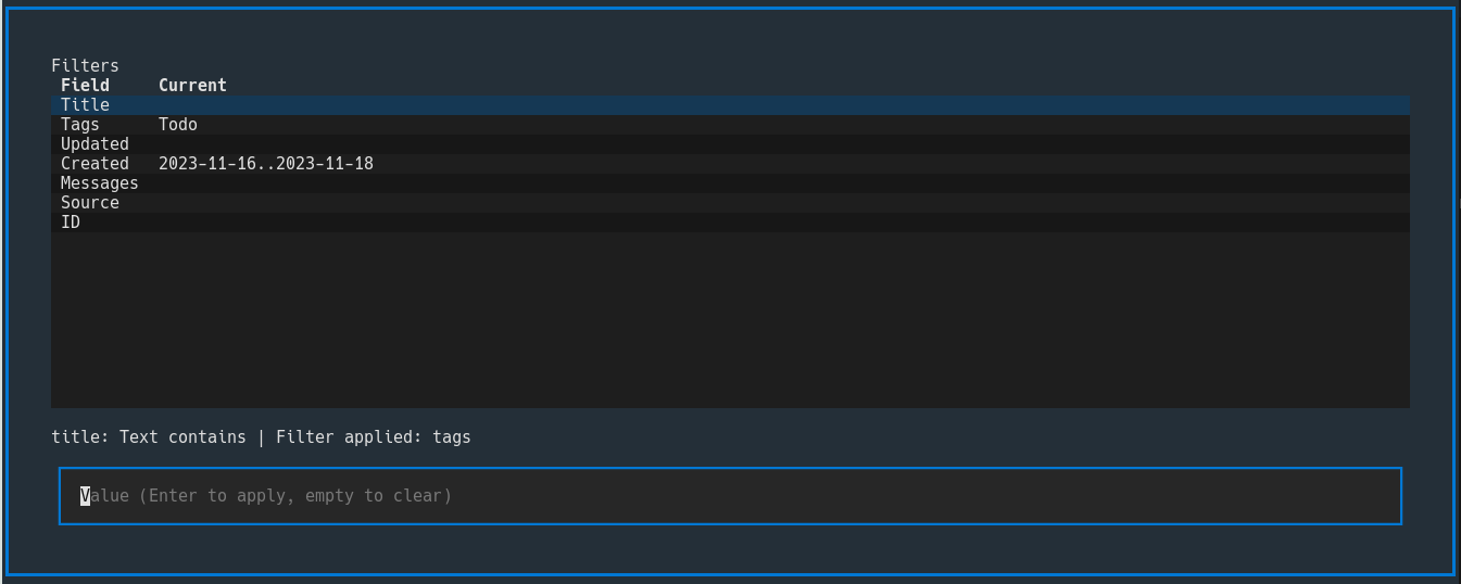 Filter dialog with date and tag filters applied