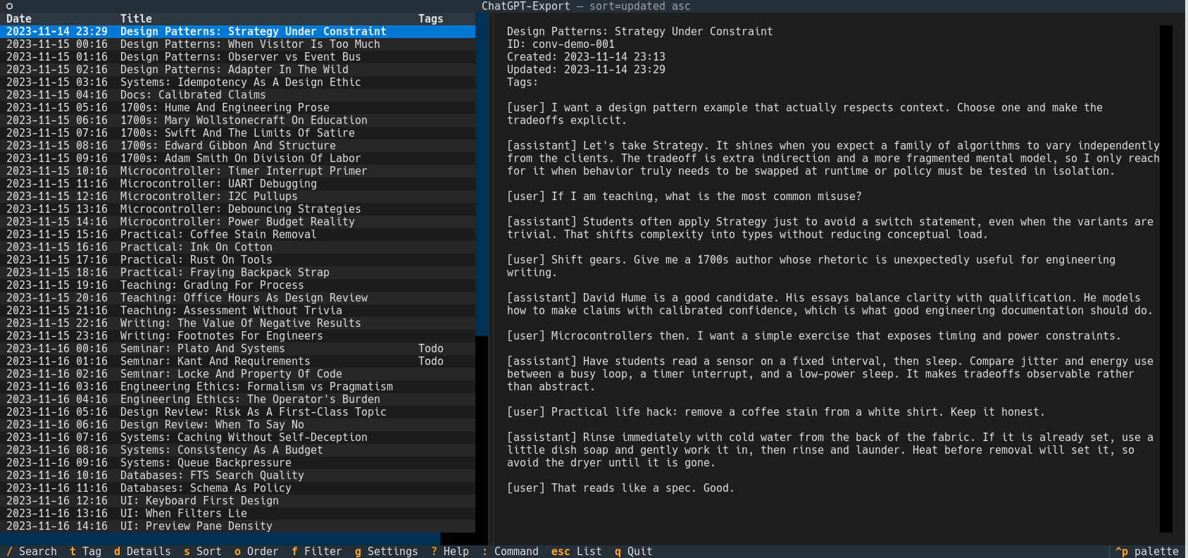Threadindex TUI showing the conversation list and preview pane