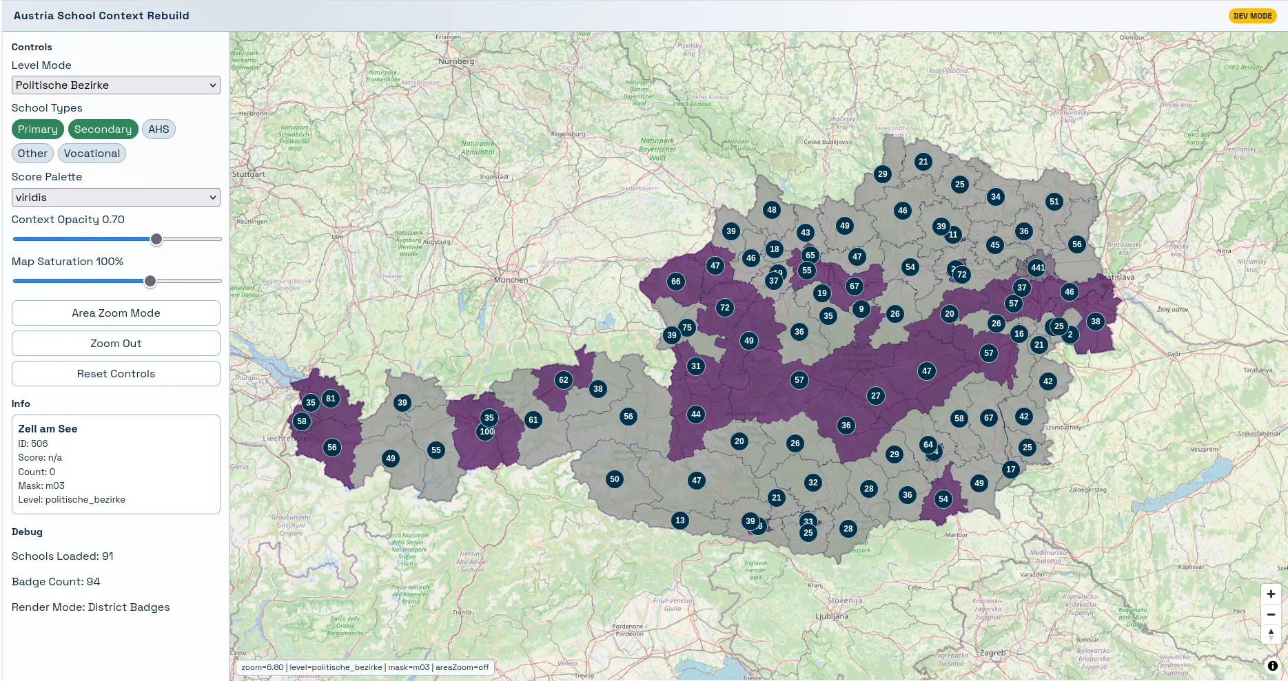 Austria school map with colored political districts and school badges